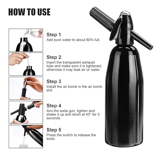 AstraLoom Soda Siphon,1L Portable Nostalgic Seltzer Water Maker Kit, Aluminum Sparkling Water Maker for Carbonated Drinks/Juices/Cocktails, Use 8 gram CO2 Cartridges (Not Included) (Black)