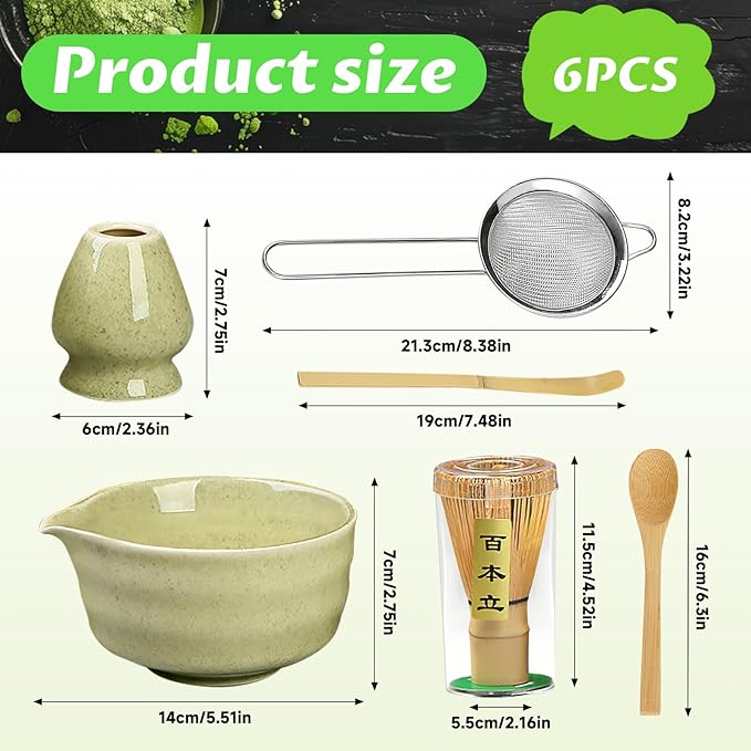 Matcha Set, 6 Pcs Matcha Whisk Set with 20 oz Bowl, Bamboo Whisk for Matcha Tea, Matcha Bowl, Ceramic Matcha whisk Holder, Stainless Sifter and Scoop - Gift for matcha kit Lovers（Green）