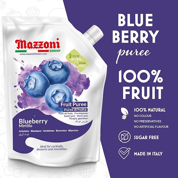Mazzoni Blueberry Puree, 100% Pure Blueberries, Just Fruit, No Sugar Added, 2.2 lbs (35.2 oz) RMixer for Cocktails, Drinks, Smoothies. Convenient Pouch, Made in Italy (Pack of 2)