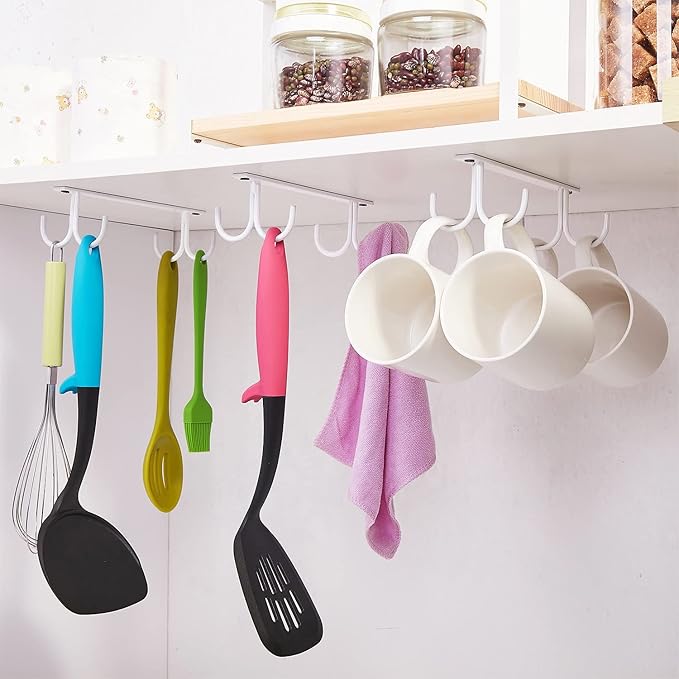 Mug Rack Under Cabinet - Coffee Cup Holder, 12 Mugs Hooks Under Shelf, Display Hanging Cups Drying Hook for Bar Kitchen Utensils White