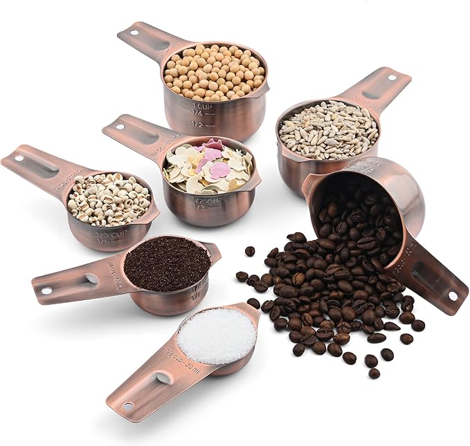 Copper Measuring Cups Set 7, Stainless Steel Set for Kitchen & Baking, Meteor Metric & US Cups With 2/3 & 3/4 Measure for Dry & Liquid Ingredients