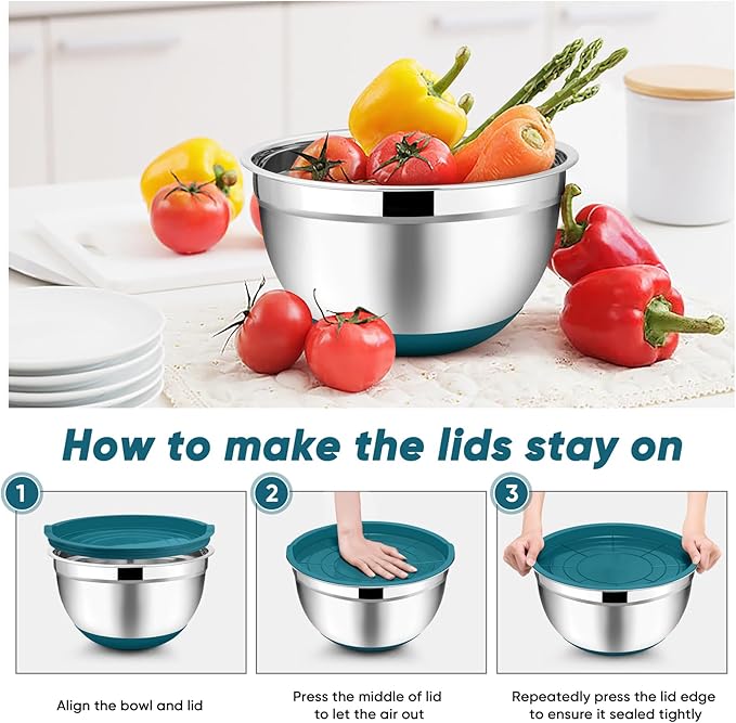 TeamFar Mixing Bowls with Lids Set, 7/3.5/2.5/1.5/1 QT, Stainless Steel Large Metal Nesting Salad Bowl Set of 5, Healthy & Sturdy, Non-slip Bottom & Airtight Lid-Blue
