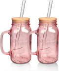 ANOITON Tumbler with Handle and Straw, 24 oz Pink Mason Jars with Handles Drinking Glasses Pink Glassware Colored Glass Cups with Lids and Straws Gifts for Women Birthday Gifts for Women