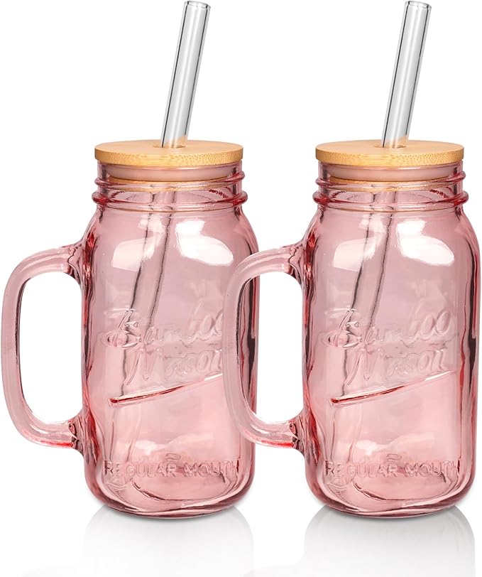 ANOITON Tumbler with Handle and Straw, 24 oz Pink Mason Jars with Handles Drinking Glasses Pink Glassware Colored Glass Cups with Lids and Straws Gifts for Women Birthday Gifts for Women