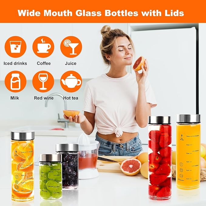 Glass Juice Bottles 4 Pack 12 oz - Wide Mouth Glass Water Bottles with Lids - for Juicing, Protein, Smoothie, Milk, Reusable, BPA Free, Stainless Steel Lids, Blender, Shaker Bottle [12oz/400ml]