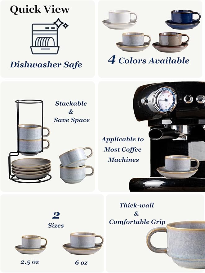 Gomakren 6 Ounce Cappuccino Cups with Saucers and Metal Stand, Stackable Coffee Cup Set of 4, Porcelain Espresso Cups for Coffee Drinks, Cappuccino, Latte, Americano, Tea, Gray