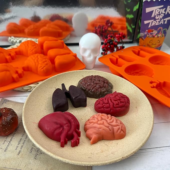 Brain and Heart Cake Mold, 2 Pack Halloween Silicone Molds Human Organ Jello Mold Heart lung Brain Shape Gelatin Chocolate Molds for Halloween Party Baking Mini Cakes Cupcake Muffin Soap Pudding