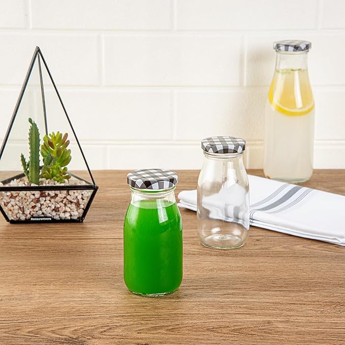 Restaurantware-French Countryside 6 Ounce Glass Bottles, 10 Durable Juice Bottles - With Black Plaid Lid, Dishwashable, Clear Glass Countryside Bottle, For Hot And Cold Beverages