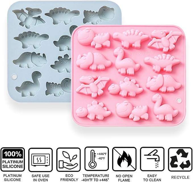 Dinosaur Silicone Molds, 12-Cavity Different Shape Dinosaur Chocolate Molds for Make Chocolate, Candy, Jelly, Ice Cube, Dog Treats, Resin Crafts (Set of 2 PCS)