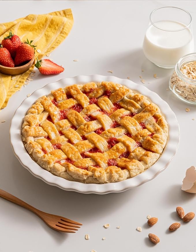 Ceramic Pie Dish for Baking, 9 inch Porcelain Pie Pan, Fluted Pie Plate for Apple, Quiche, Pot Pies, Tart, Modern Farmhouse Bakeware, Vanilla White