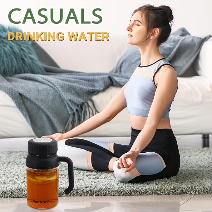 32oz Glass Water Bottle, Tea Bottle with Infuser & Handle, BPA-Free Leakproof Wide Mouth Large Tea Infuser Bottle for Hot or Cold Drinks, Loose Tea, Fruit (Black)