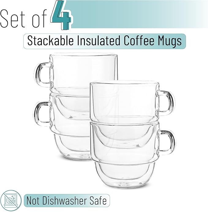 BTaT- Stackable Insulated Coffee Mugs, 4 Pack, 8 oz(240 ml), Stackable Glass Mugs, Double Wall Glass Coffee Cups, Tea Cups