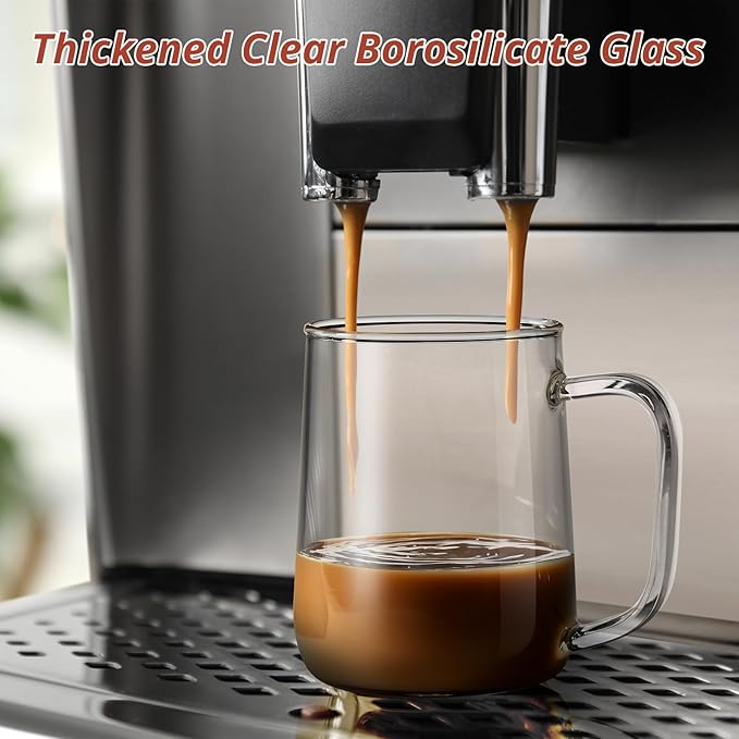 Glass Coffee Mugs, 16 oz Glass Coffee Cups with Acacia Wood Lids, Clear Borosilicate Glass Mugs with Handles for Cappuccino, Tea, Latte, Hot/Cold Beverages, Wine, Americano, Set of 2