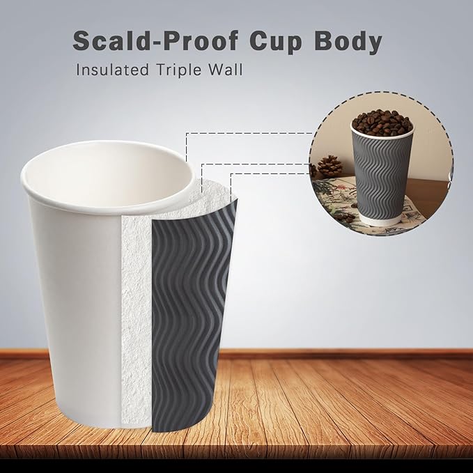 90 Pack 16 oz Disposable Coffee Cups No Lids, Gray Insulated Ripple Wall Paper Coffee Cups 16oz, Corrugated Beverage Paper Cups, To Go Cups for Hot Chocolate Tea Home Travel Office
