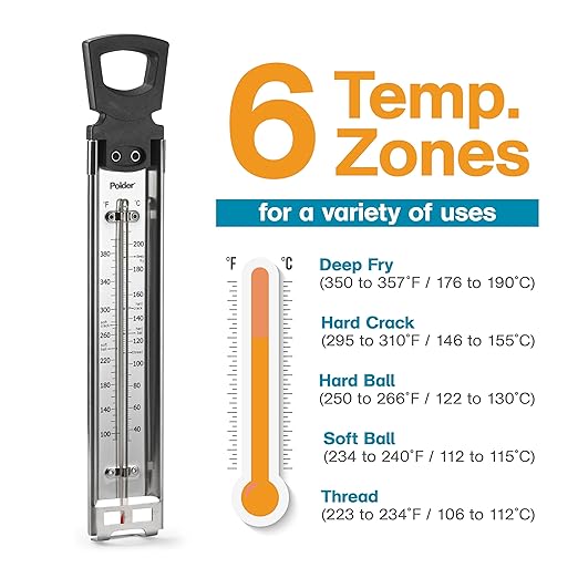 Polder Candy/Jelly/Deep Fry Thermometer, Stainless Steel, with Adjustable Sliding Pot Clip Attachment and Quick Reference Temperature Guide