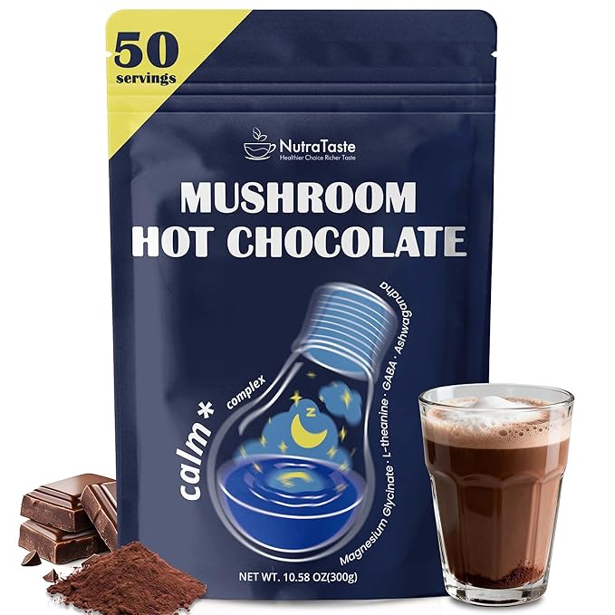 Mushroom Hot Chocolate for Calm, 50 Servings Cocoa Powder | 10 Mushrooms Supplements with Magnesium Glycinate, L-Theanine, Ashwagandha & GABA | Support Focus, Mood & Sleep | Vegan & Keto, Gluten-Free