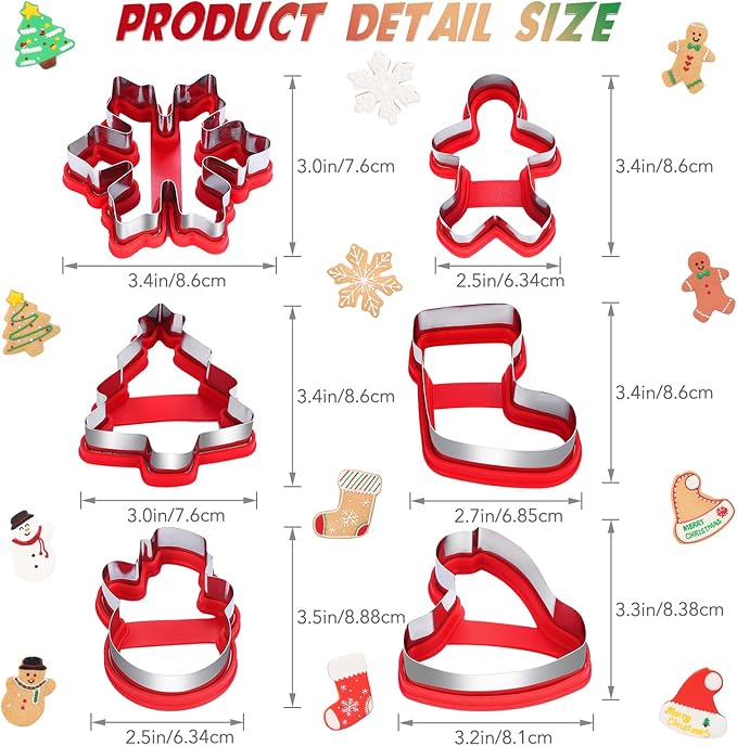 Christmas Cookie Cutters, 6 Pcs Winter Holiday Cookie Cutter Set, Stainless Steel Cookie Molds with Comfort Grip - Christmas Stocking, Snowman, Christmas Tree, Gingerbread Man, Santa Hat, Snowflake