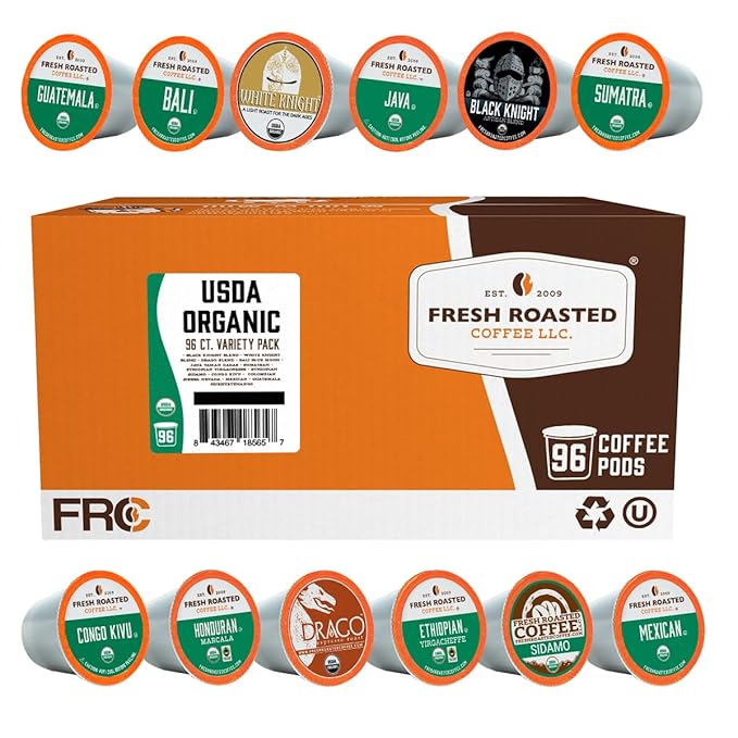 Fresh Roasted Coffee, USDA Organic Variety Pack | 96 Pods for K Cup Brewers