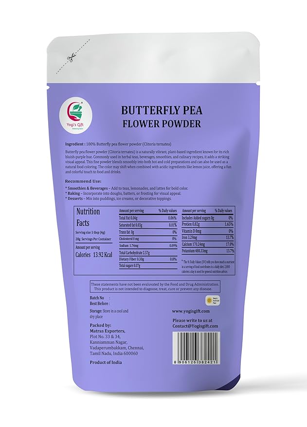 Butterfly Pea Flower Powder 4oz, 100% Pure & Natural Blue Matcha Powder, Premium Quality for Tea, Lattes, Smoothies & Natural Food Coloring - By Yogi’s Gift®