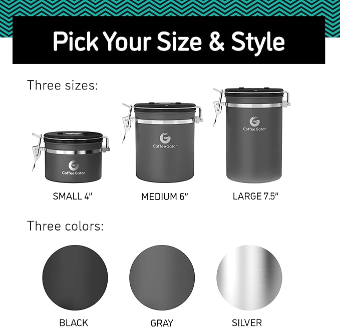 Coffee Gator Coffee Canister, 16oz Airtight Stainless Steel Kitchen Food Storage Container with Date Tracker, CO2-Release Valve and Scoop for Sugar, Beans, Tea, Sugar, Cereal, Cookies Jars - Black