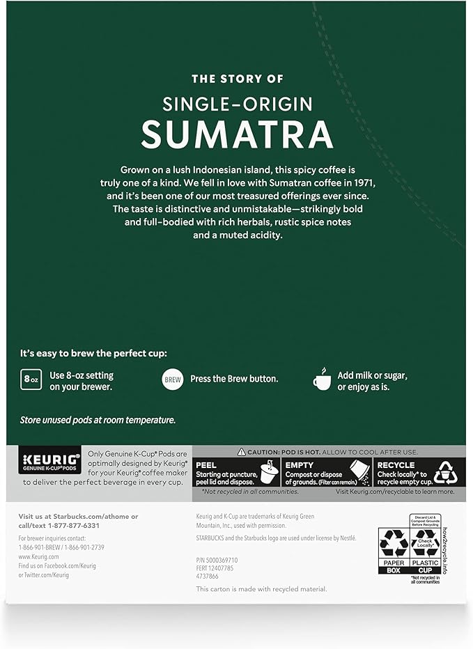 Starbucks K-Cup Coffee Pods, Dark Roast Coffee, Sumatra for Keurig Brewers, 100% Arabica, 4 boxes (96 pods total)