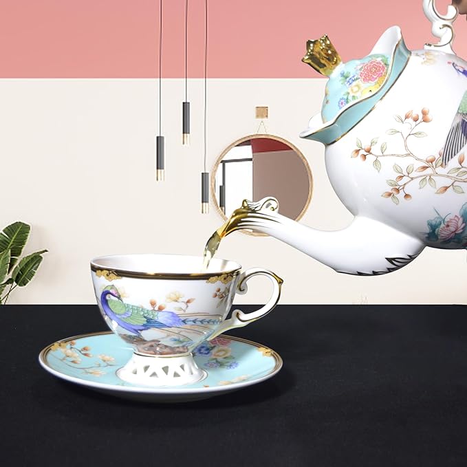 ACMLIFE Fine Bone China Tea Set with Teapot, Porcelain Tea Sets for Adults, 21-Piece Vintage Tea Set for 6, 24K Gold Blue English Floral British China Tea Sets for Women Tea Party for Gifts