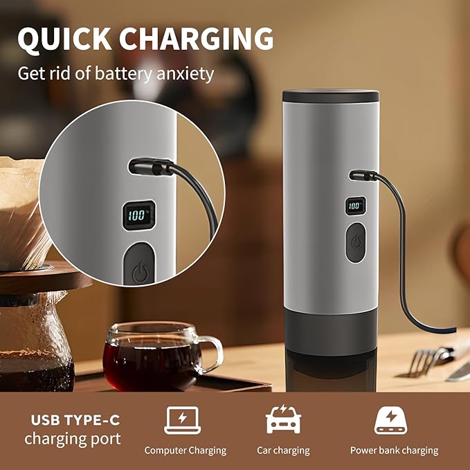 3-in-1 Portable Coffee Maker, Espresso Machine, Self-Heating Travel Coffee Maker Compatible with NS, DG Pods & Ground Coffee, Small Mini Espresso Machine for Car Camping, Hiking With Stand (grey)
