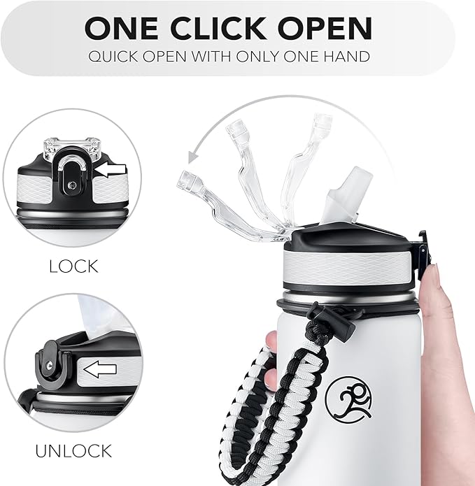 GOSWAG Insulated Sports Water Bottle, 24oz 2 Lids(with Straw/No Straw), Stainless Steel Water Bottles with Paracord Handle, Insulated Bottle with Double-Wall Vacuum Insulation
