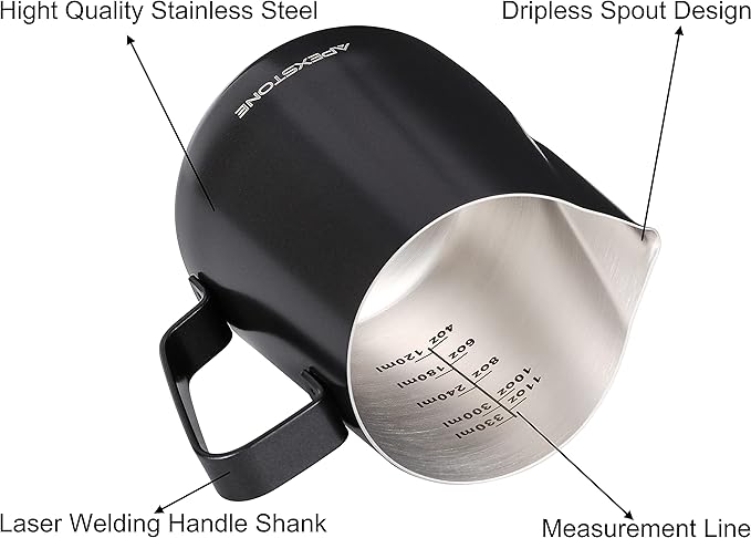 Apexstone Black Espresso Milk Frothing Pitcher 12 oz, Espresso Steaming Pitcher 12 oz, Coffee Milk Frothing Cup, Coffee Steaming Pitcher 12 oz/350 ml