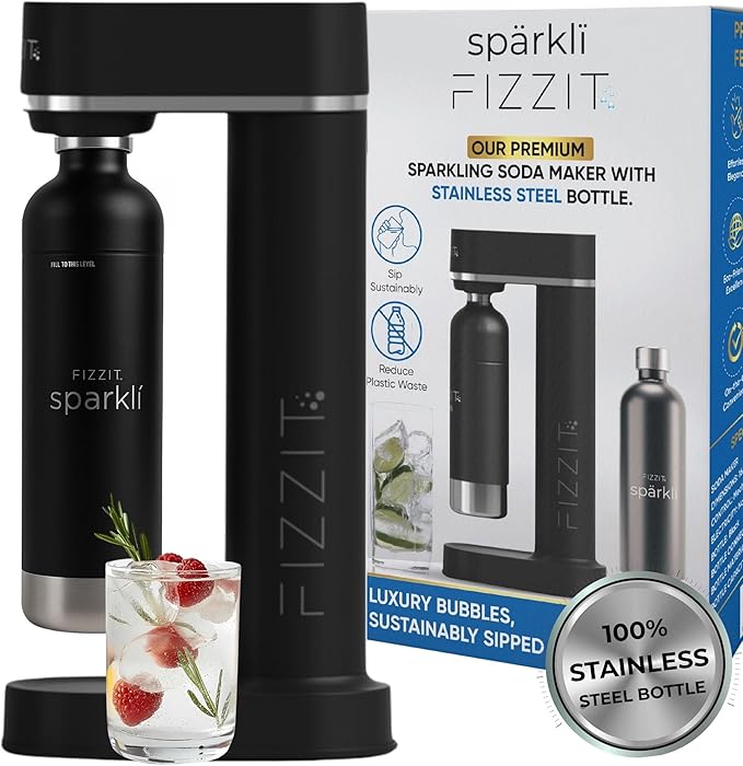 Fizzit Spärklï Carbonated Water Soda Maker with 1 Black Stainless Steel Bottle & 2 White Stainless Steel Bottles