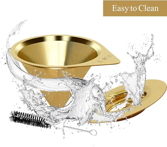 LHS Pour Over Coffee Dripper Reusable Coffee Filter Paperless Coffee Filter Stainless Steel Pour Over Coffee Maker Cone Coffee Dripper for 1-2 Cup,Gold
