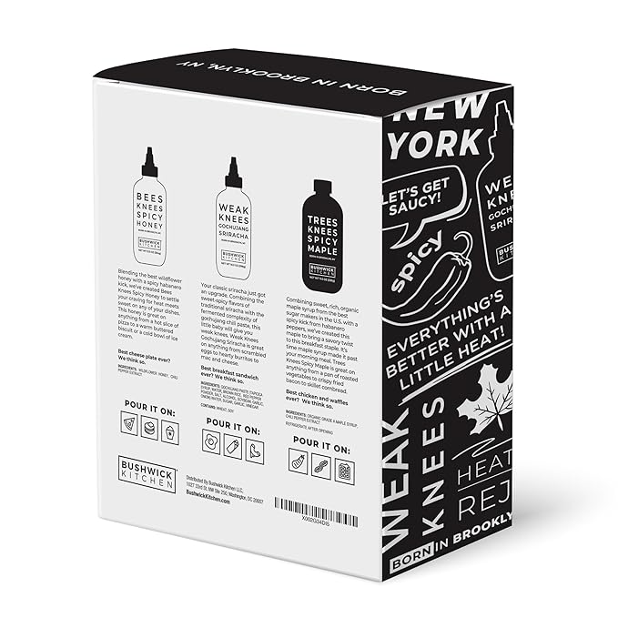 Bushwick Kitchen Spicy Sampler Gift Box, Set Includes our Gochujang Sriracha, Spicy Maple Syrup, and Spicy Honey Hot Sauces, 5 Recipes, Chile Pepper Dish Towel, and Bushwick Kitchen Gift Box