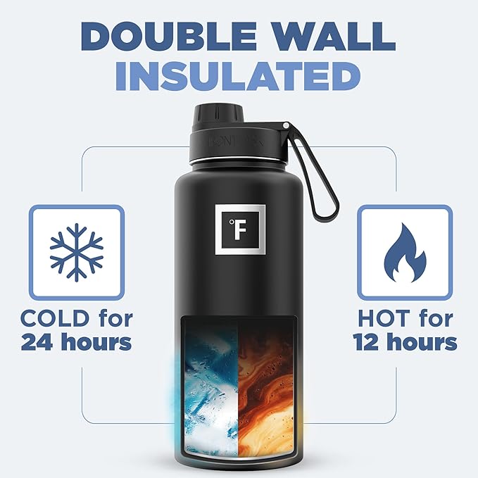 IRON °FLASK Camping & Hiking Hydration Flask with 3 Lids - Stainless Steel, Double Walled & Vacuum Insulated Water Bottle - Leak Proof & BPA Free (Fire, Spout - 32 oz)