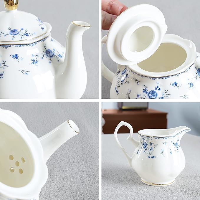 fanquare 15 Piece Blue Rose Porcelain Tea Set, British Floral Teapot with Tea Cups, Women Tea Party Set for 6