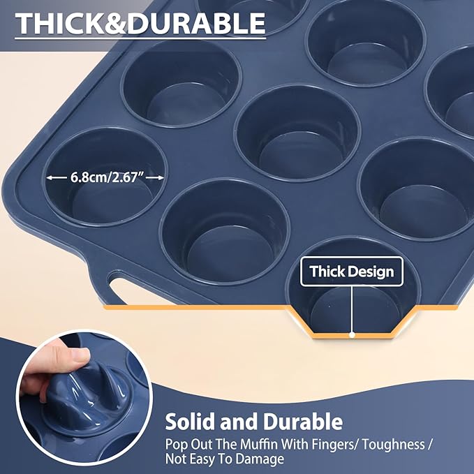 Silicone Muffin Pan with Metal Frame, Non Stick Silicone Cupcake Pan with Handles Regular 12 Cup, BPA Free Silicon Muffin Tin Tray for baking, egg bites, Cupcake Mold Grey