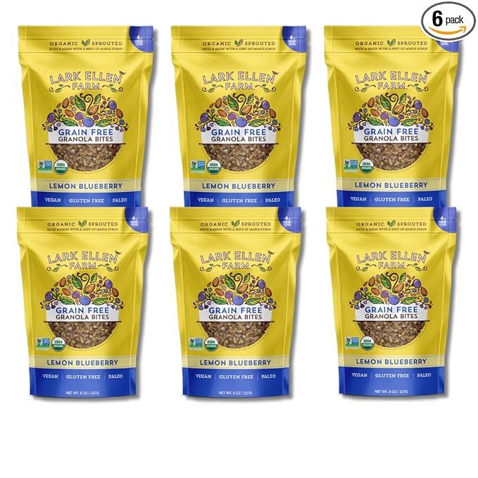 Lark Ellen Farm Grain-Free Granola, Certified Organic Raw Sprouted Vegan Clusters, Paleo & Crunchy Gluten-Free Bites for Cereal or Yogurt, Lemon Blueberry 8 oz, 6 Pack