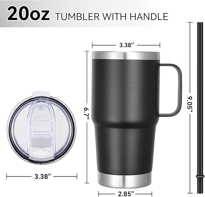 VEGOND 20 oz Tumbler with Handle Lid and Straw, Stainless Steel Insulated Travel Coffee Mug Spill Proof Double Wall Metal Tumbler Cup Keeps Drink Hot and Cold, Black 1 Pack