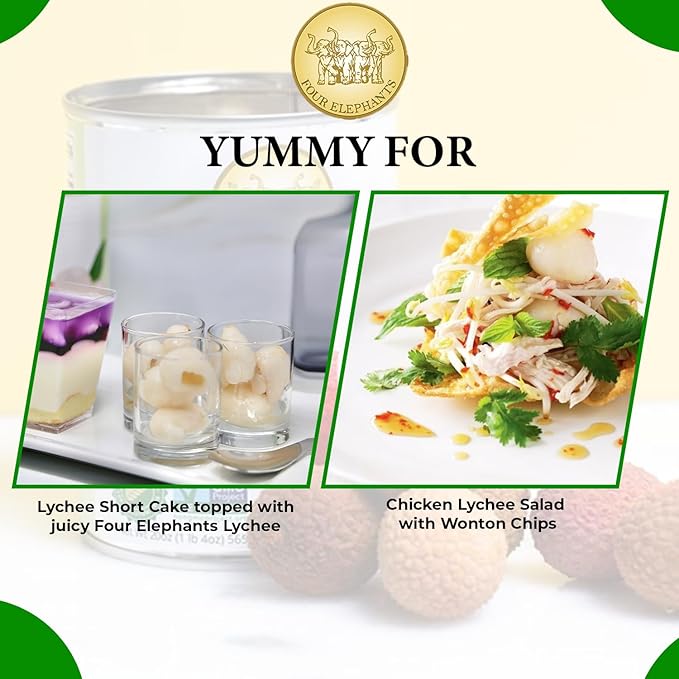 Premium Lychees in Syrup (3) - 20 oz | Natural Ingredient | Use For Mocktails, Cocktails, Drinks, Smoothies | Real Fruit Harvested At Peak Season | Four Elephants Brand | Non-GMO and Gluten-Free