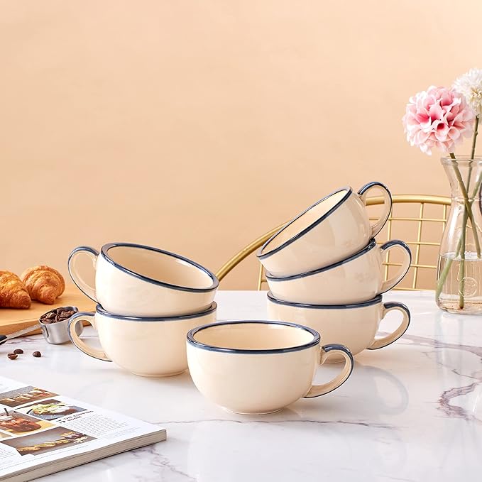 Set of 6 Cups Vintage Design 12 oz Professional Barista Ceramic Latte Art Cappuccino Cups Set (Beige * 6)