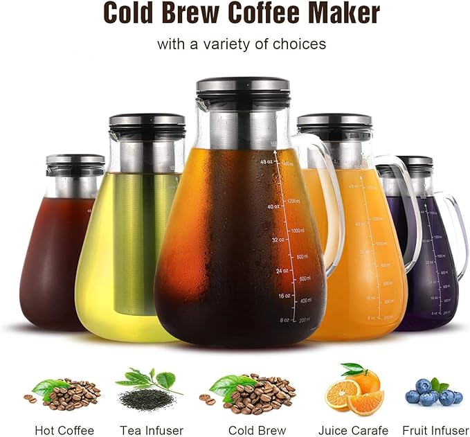 Cold Brew Iced Coffee Maker 51oz, Brewed Coffee Pot with Removable Double Mesh 304 Stainless Steel Filter, BPA-Free Cold Brew Pitcher Glass Container, Tea Maker