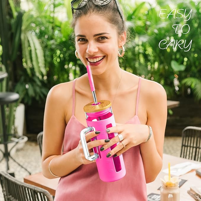 Kodrine Tumbler with Lid and Straw, 20 oz Glass Coffee Tumbler with Handle, Smoothie Cup with Bamboo Lid | Time Marker | Silicone Protective Sleeve, BPA Free -Rose Red