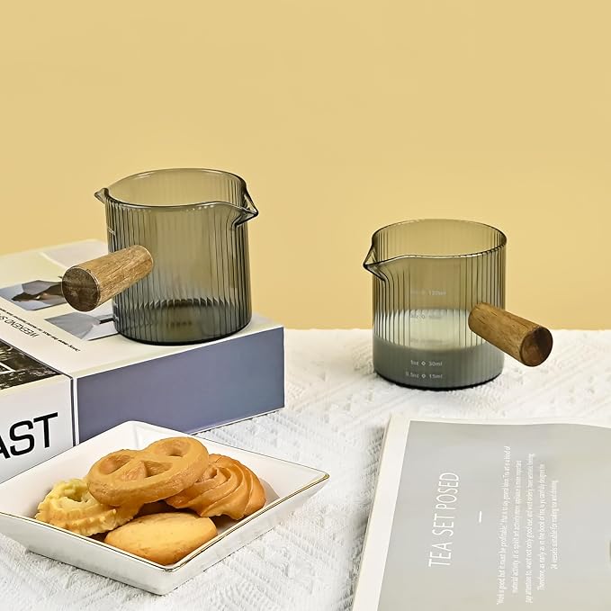 Glass Measuring Cup, 4oz Espresso Shot Glass with Wood Handle, Double Spouts Measuring Triple Pitcher Milk Cup for Coffee Tea (Gray Ribbed）