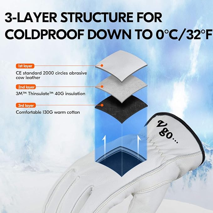 Vgo... Lined Winter Cow Grain Leather Gloves, 32℉ or Above (1 Pair,Size L, Cream, CA9501F)