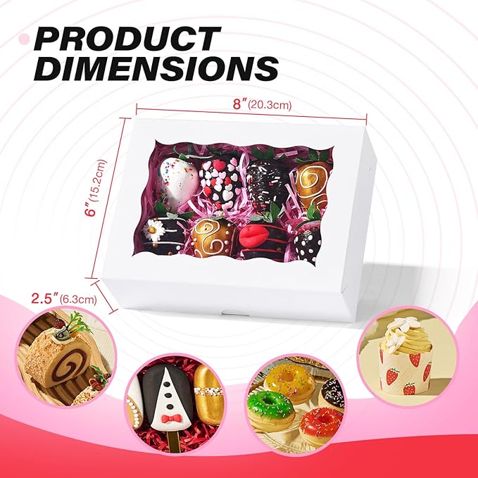 8x6x2.5 Inch 8PCS Baking Boxes with Window for Pastry,Treat,Macaron,Dount,Cookies,Chocolate Covered Strawberries,White Bakery Boxes Strawberry Boxes,Muffins