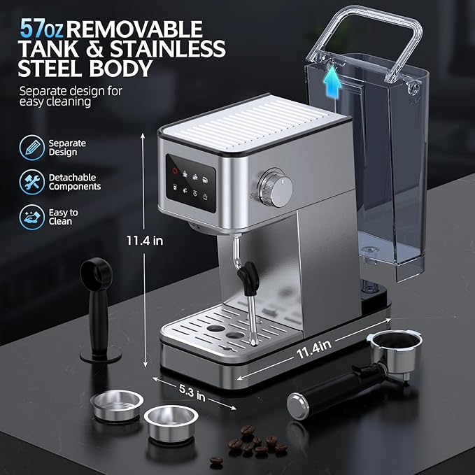 Espresso Machine with Milk Frother, 20 Bar Compact Coffee Machine with Touch Screen & 57.5oz Removable Water Tank for Home, Stainless Steel Espresso Maker for Cappuccino, Latte(2025 updated model)