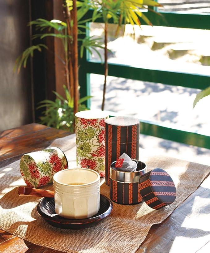 Japanese Pokkan Coffee Spice Tea Tin Canister Washi Paper Storage with Lid 7.05 oz Capacity (Eto, S)