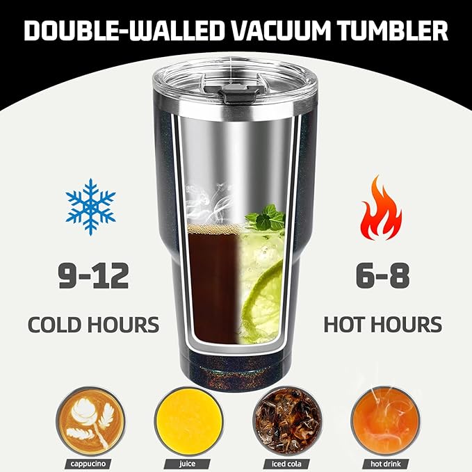 30 oz Tumbler with Lids and Straws, Stainless Steel Insulated Coffee Tumbler, Double Wall Vacuum Insulated Travel Mug Cup, Leakproof Thermal Coffee Cup for Hot and Cold Drinks (Glitter Black)