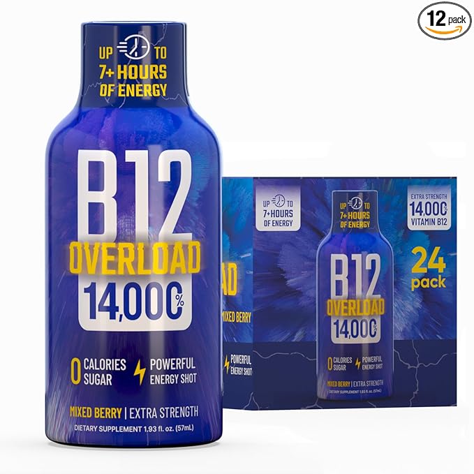 B12 Overload Extra Strength Energy Shot – Mixed Berry – 260mg Caffeine, 14000% B12, Electrolytes – Energy & Vitality Support – Zero Sugar No Calories – Vegan, Kosher, Gluten-Free – 1.93 fl oz, 24-Pack