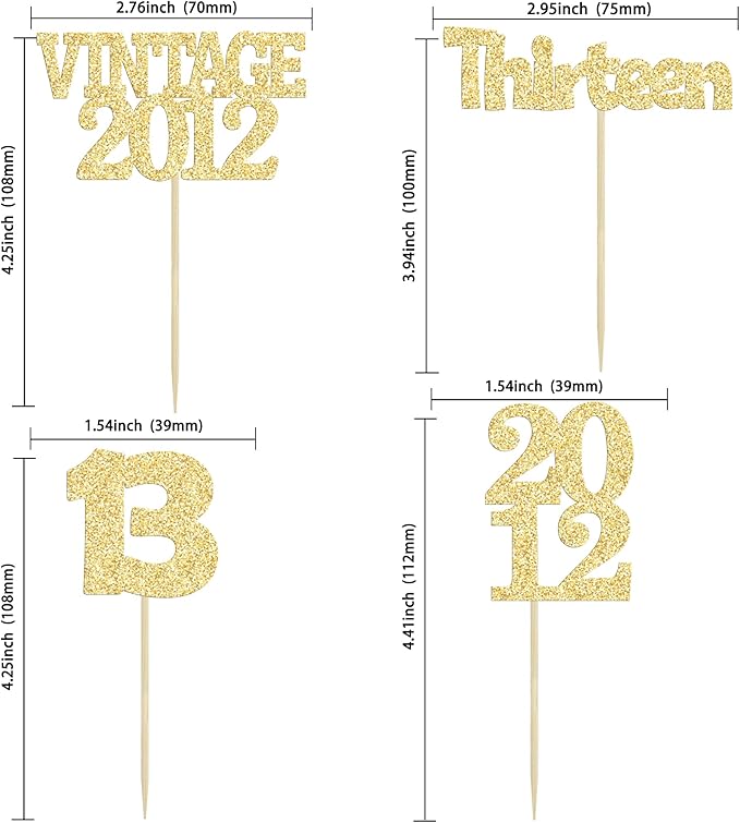 Gyufise 24Pcs Official Teenager 13 Cupcake Toppers Glitter Thirteen Vintage 2012 13th Birthday Cupcake Picks Hello 13 Years Birthday Cake Decor for Happy 13th Anniversary Party Supplies Gold