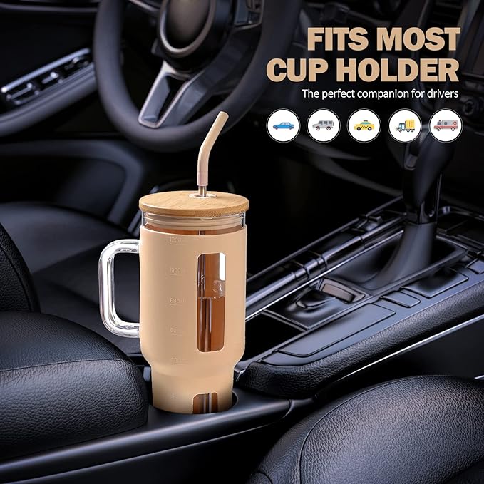 Kodrine 40 oz Glass Tumbler with Handle, Iced Coffee Tumbler with Straw and Bamboo Lid, Glass Drinking Cup with Silicone Sleeve Time Marker, Water Bottle Dishwasher Safe, Cup Holder Friendly, Amber